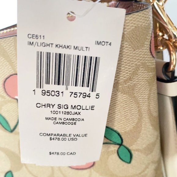 NWT Coach Mollie Bucket Bag In Signature Canvas With Heart Cherry Print - CE611 - Picture 8 of 13